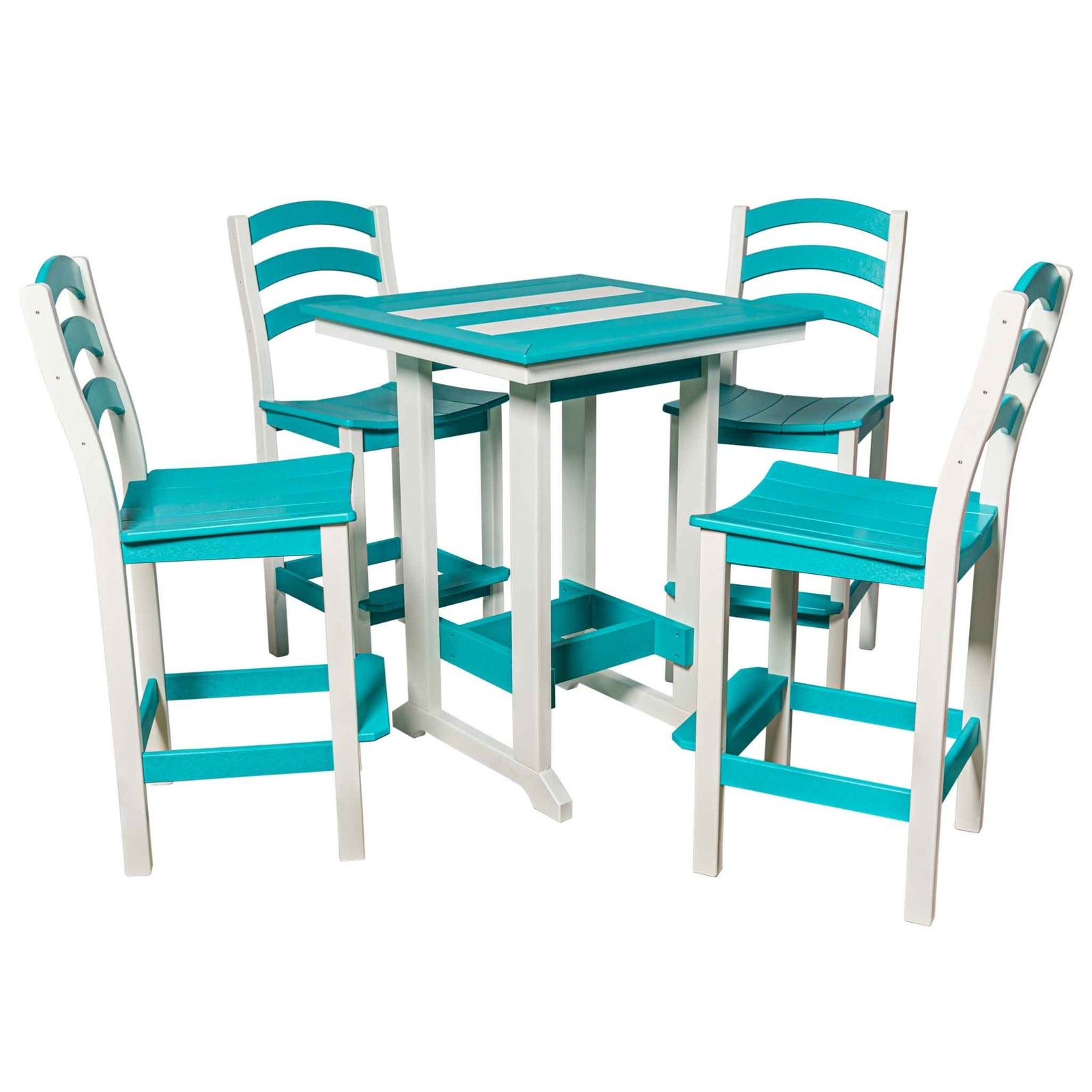 Turquoise and white poly bar table set with four ladderback bar stools on a stone patio overlooking the ocean
