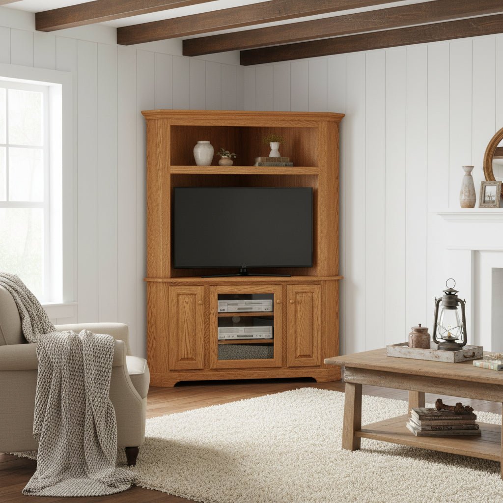 Oak corner TV stand with hutch tucked into a room corner, open display shelf above the TV and raised panel doors with glass center below