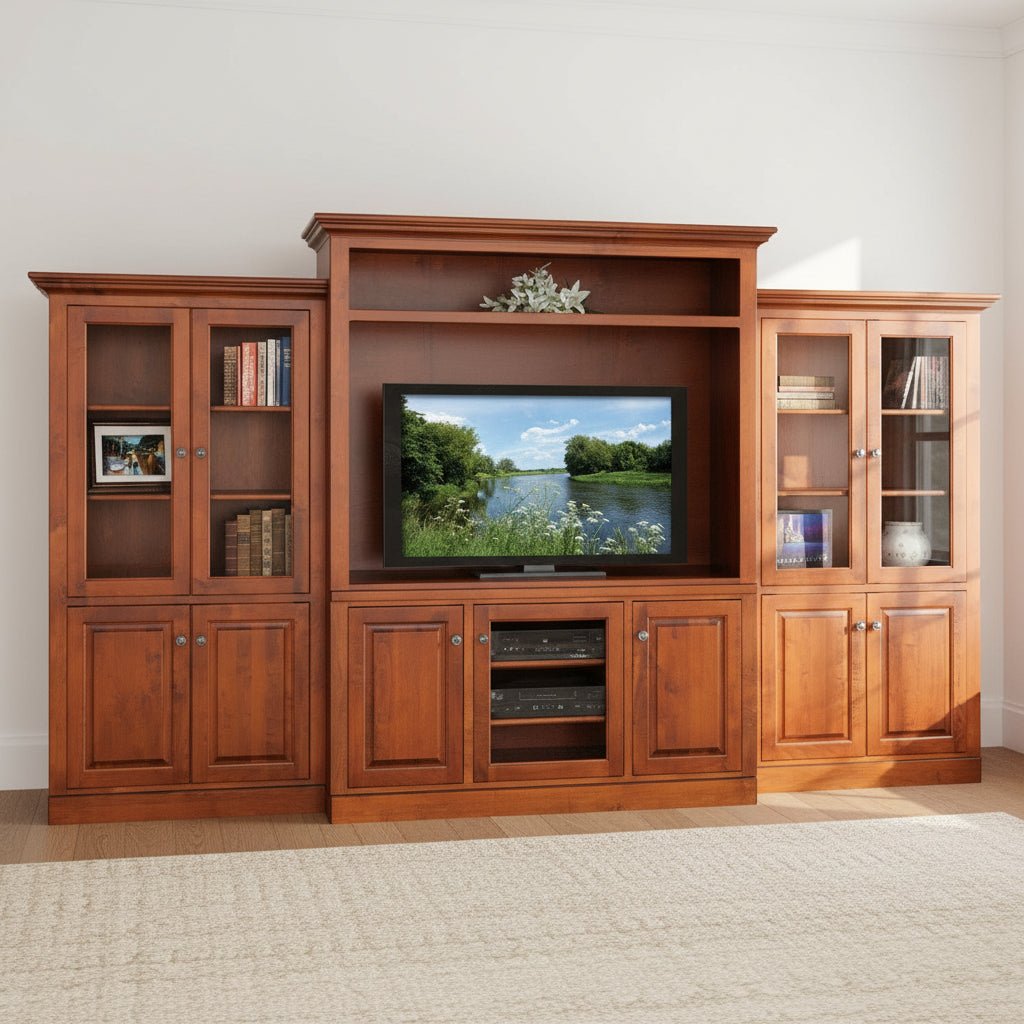 Three piece cherry wall entertainment center with two glass door bookcases, raised panel base cabinets and center TV bridge