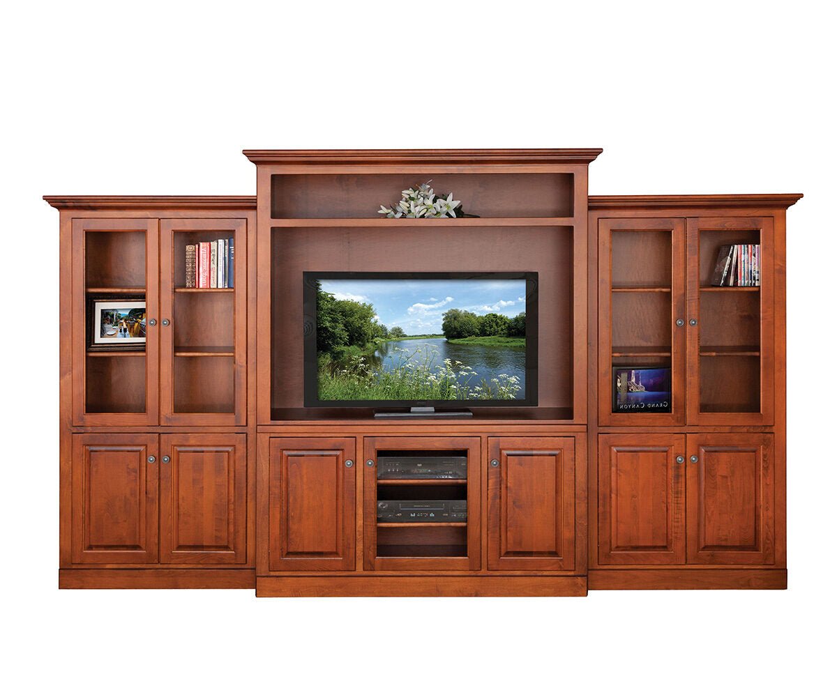 Wooden entertainment center with a television displaying a nature scene on a white background