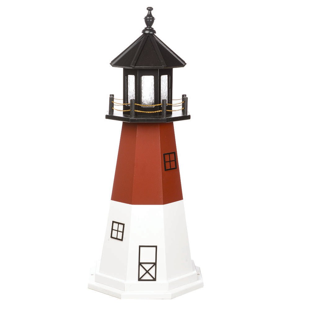 White based lighthouse with brick red upper tower, black windows and door outline and a black lantern room