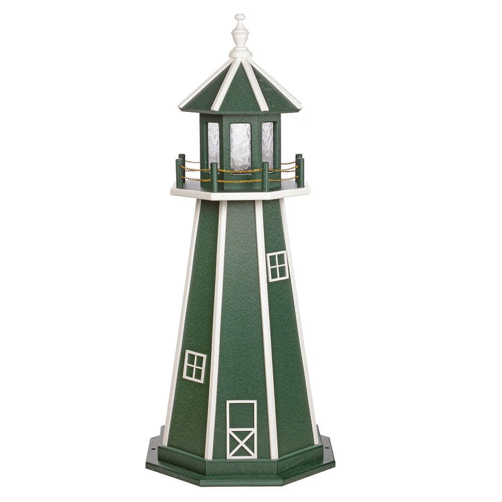 Turf green lighthouse with white corner stripes and trim, white railing and finial, and a green roofed lantern room