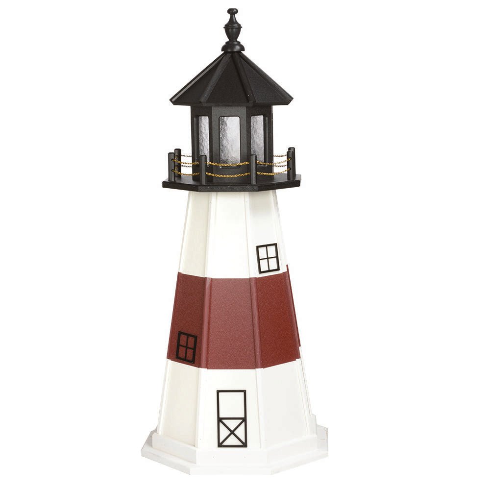 White lighthouse with a brick red middle band, black window frames and door outline and a black lantern room