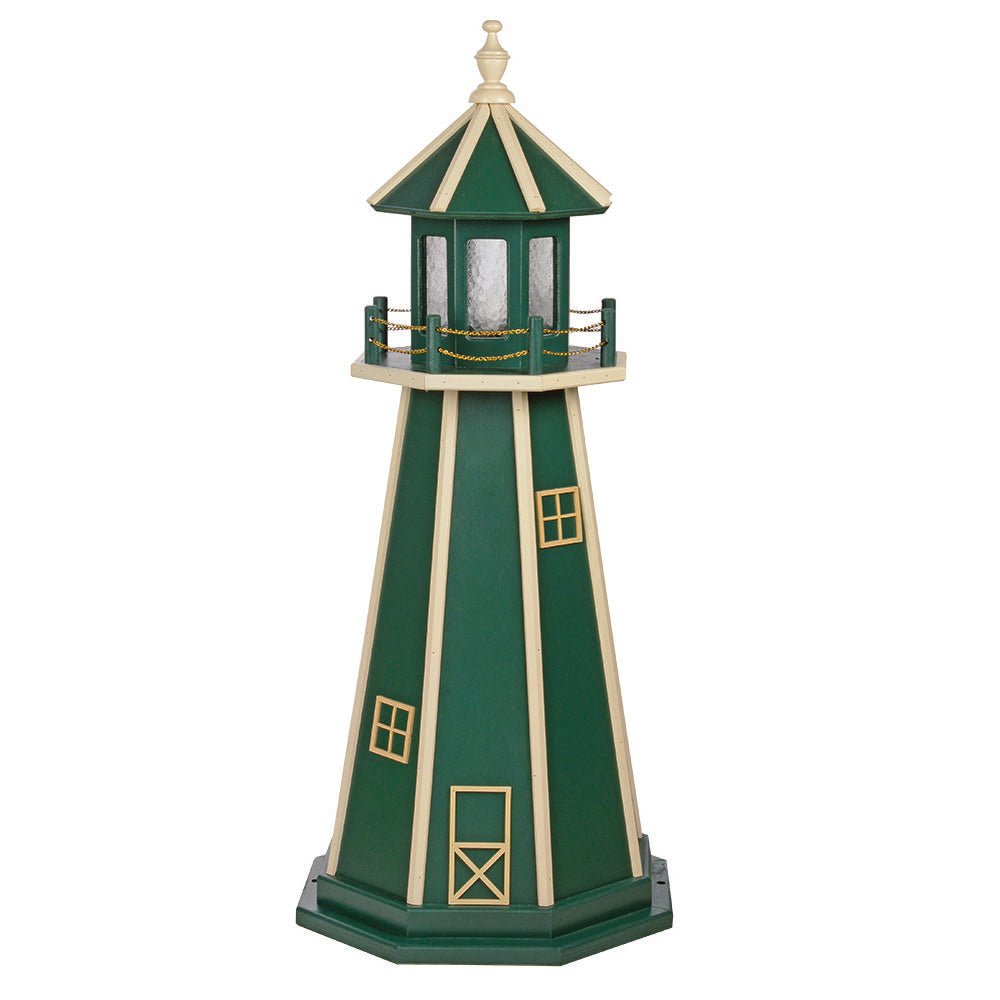 Green wooden lighthouse with ivory corner stripes, ivory windows and door, green lantern room and ivory railing