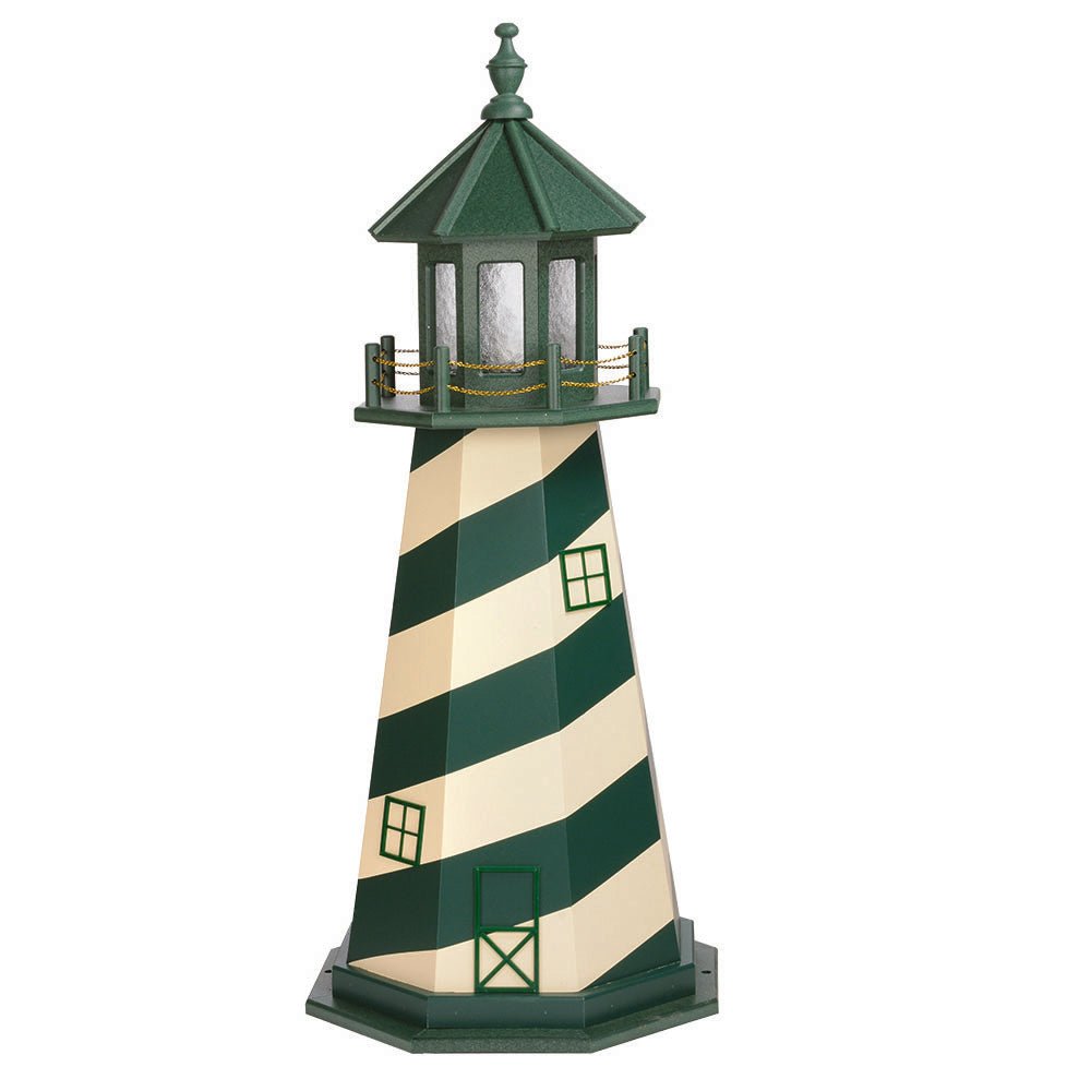 Green and ivory spiral striped lighthouse with green lantern room, green window frames and gold chain railing