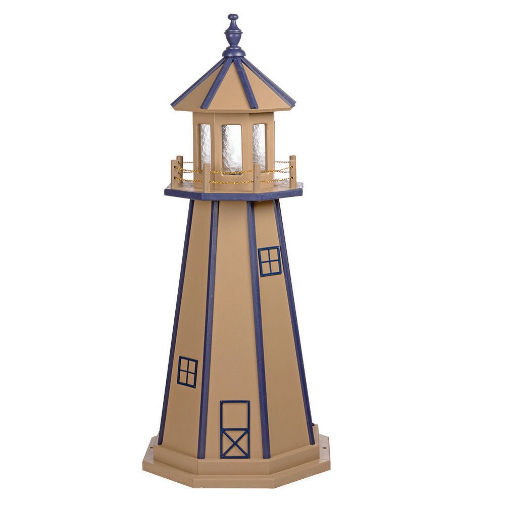 Tan lighthouse with navy corner stripes, navy window frames and door, and a blue trimmed lantern room with chain