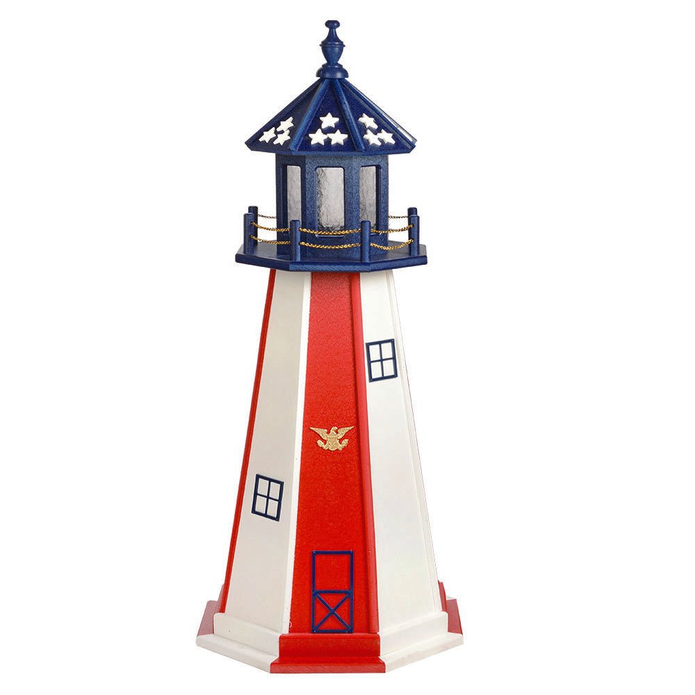 White lighthouse with a red vertical panel, gold eagle emblem, blue lantern room with star cutouts and red base