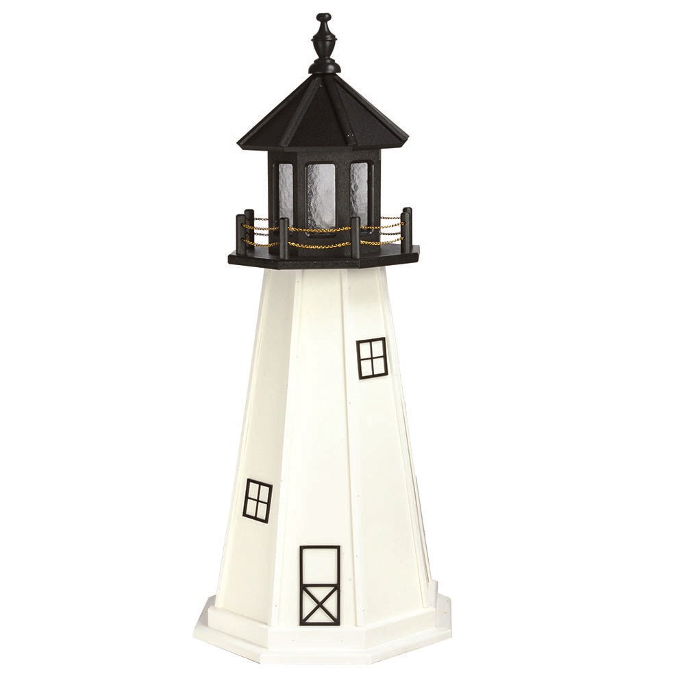White wooden lighthouse with black lantern room and finial, black window outlines and a wide white octagonal base