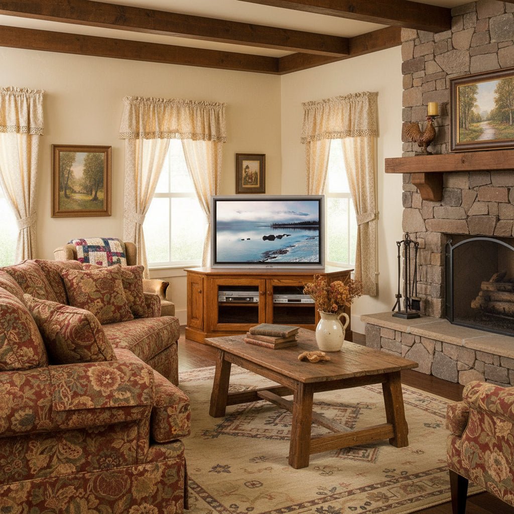 Oak corner TV console with four doors and glass fronts, holding DVD players in a country living room beside a stone fireplace