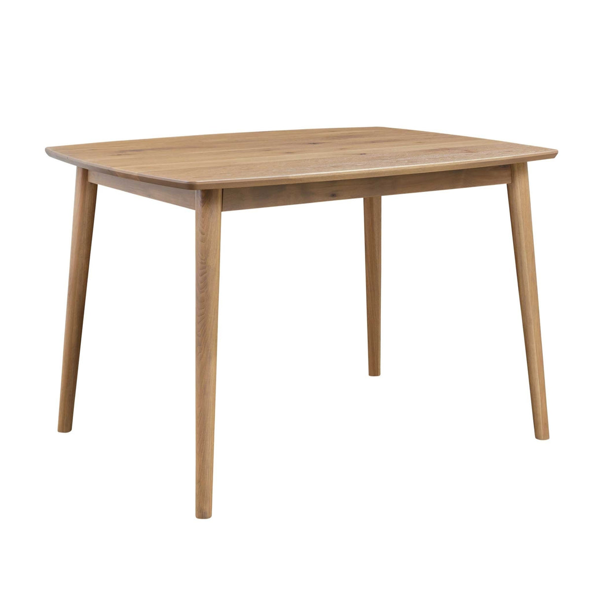 Mid century modern counter table in natural oak with rounded corners and tapered legs on a white background