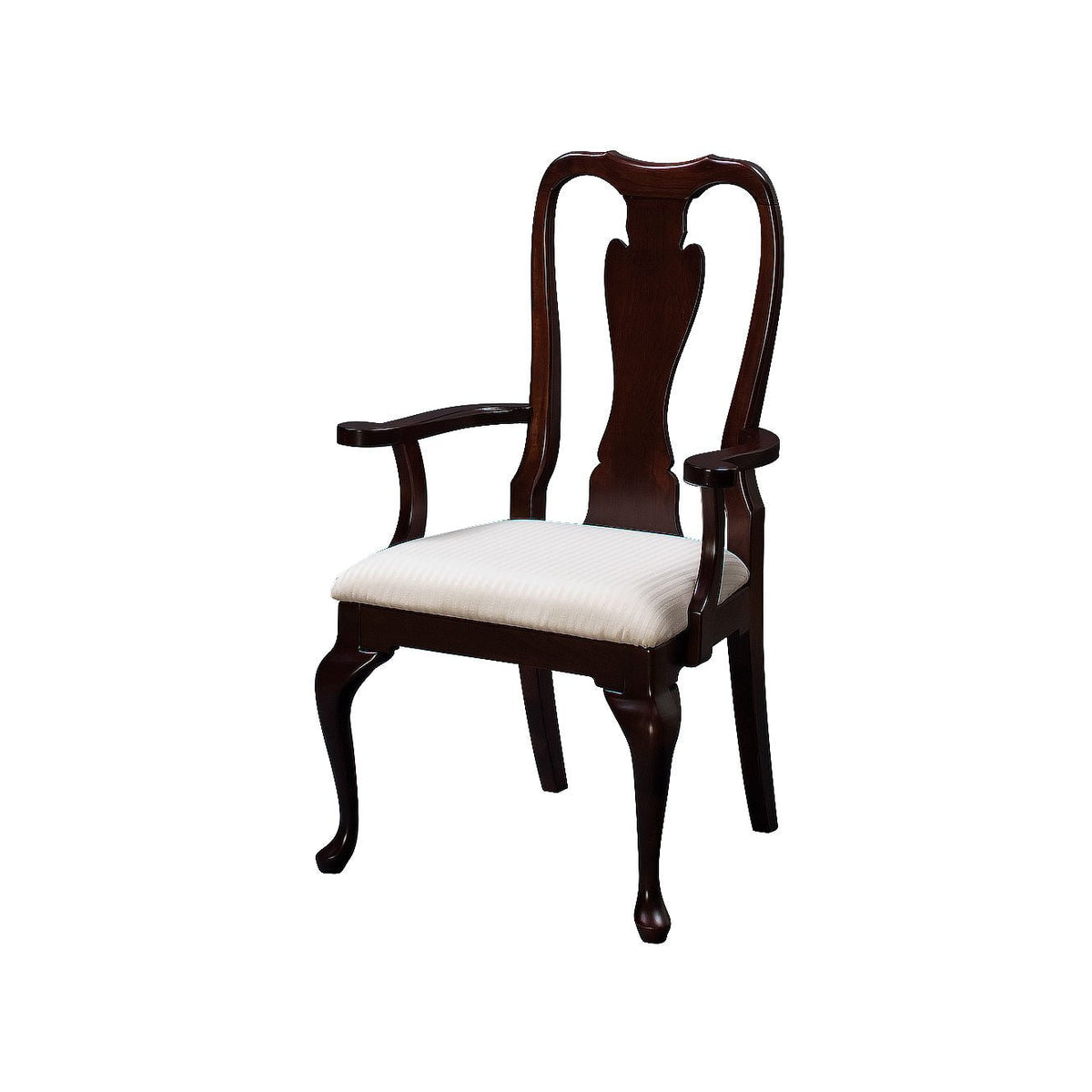 Rich cherry Queen Anne dining arm chair with a vase shaped splat, cabriole legs, pad feet and ivory seat