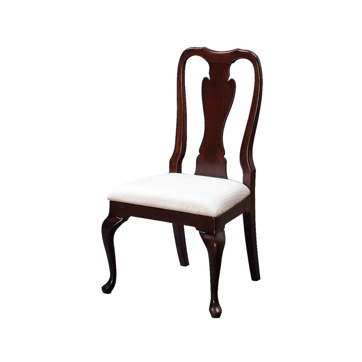 Cherry Queen Anne side chair with a curved crest, vase splat, ivory upholstered seat and cabriole front legs