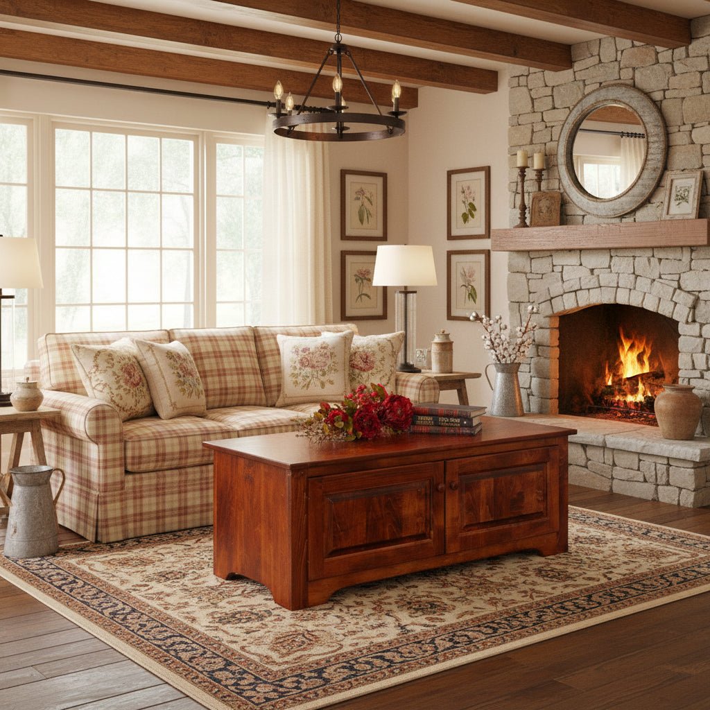 Cherry enclosed coffee table with two raised panel doors and a shaped apron, on a rug before a lit stone fireplace