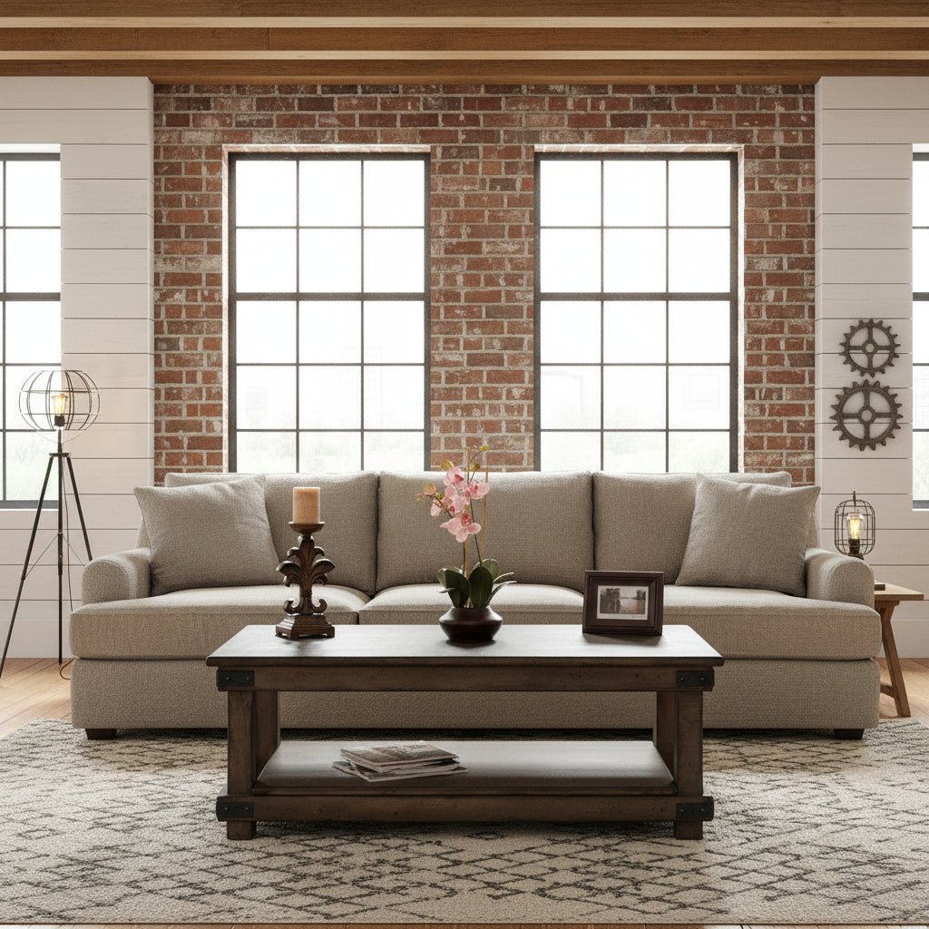 Industrial farmhouse coffee table in weathered brown with plank top, lower display shelf and black iron corner brackets