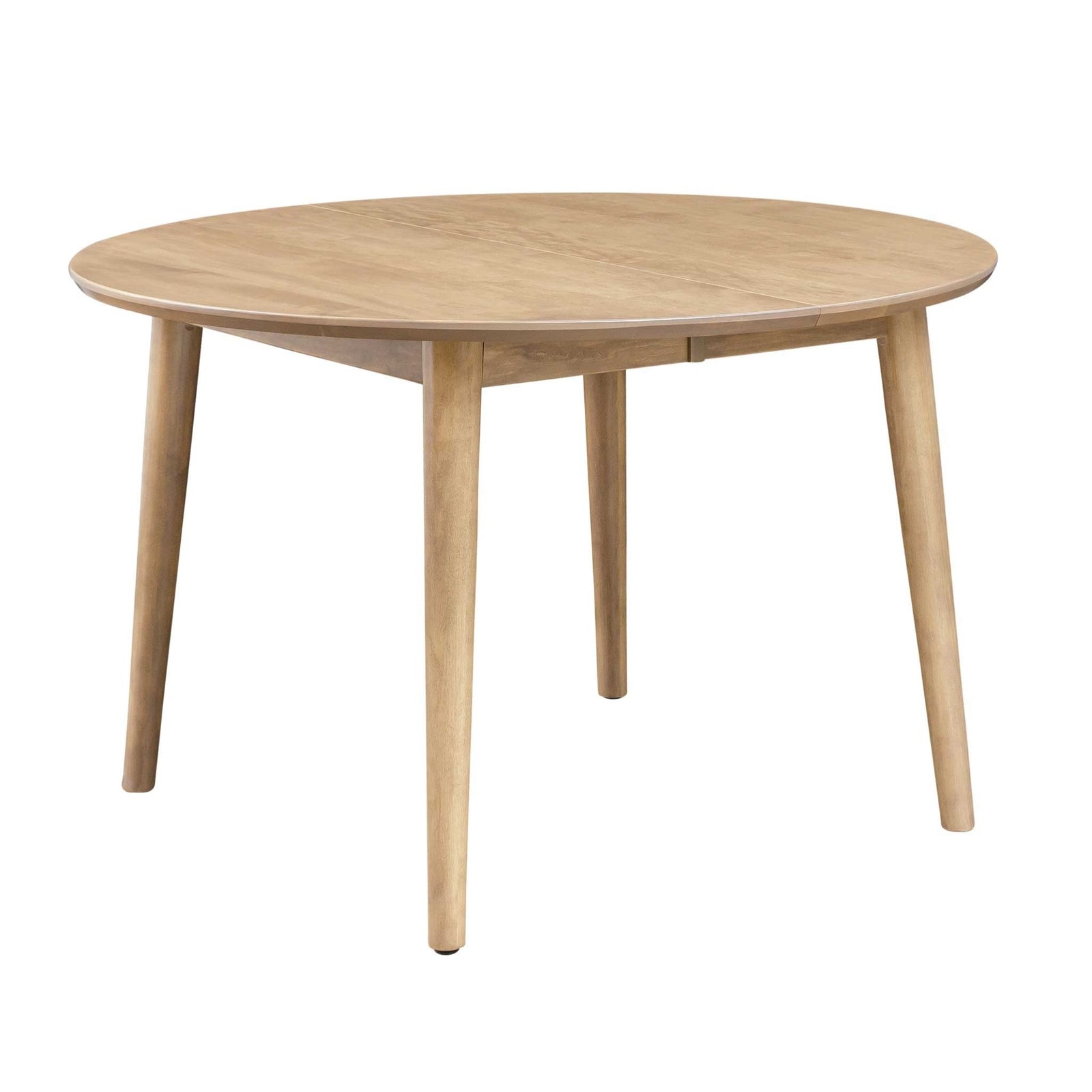 Round light maple dining table with four charcoal upholstered chairs on a woven rug under a globe chandelier