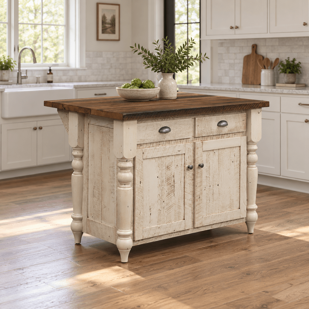 Amish 48" Strasburg Reclaimed Wood Island shown in the kitchen of a transitional home