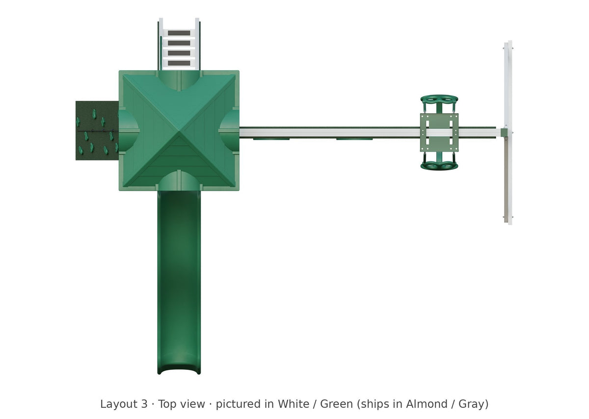 Amish 4x4 Boulder Vinyl Playset & Swing Set Kit – Layout 3, top view (shown in White with Green accents)