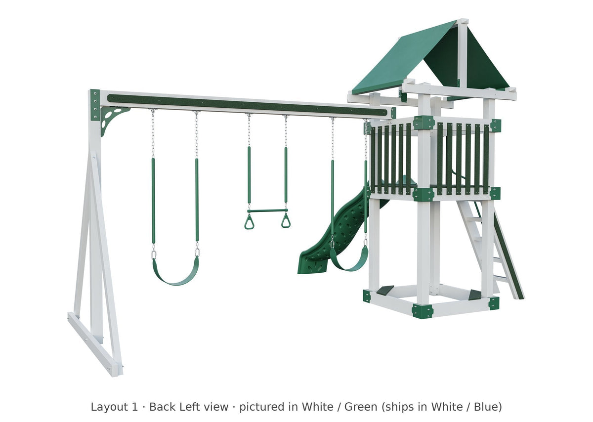 Amish 4x4 Boulder Vinyl Playset & Swing Set Kit – Layout 1, back left view (shown in White with Green accents)