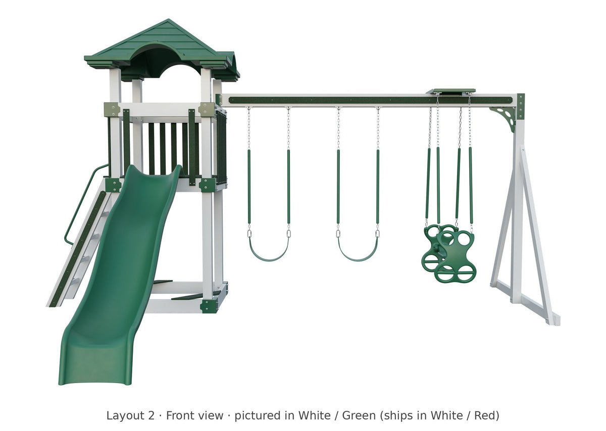 Amish 4x4 Boulder Vinyl Playset & Swing Set Kit – Layout 2, front view (shown in White with Green accents)