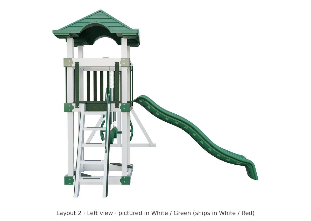 Amish 4x4 Boulder Vinyl Playset & Swing Set Kit – Layout 2, left view (shown in White with Green accents)