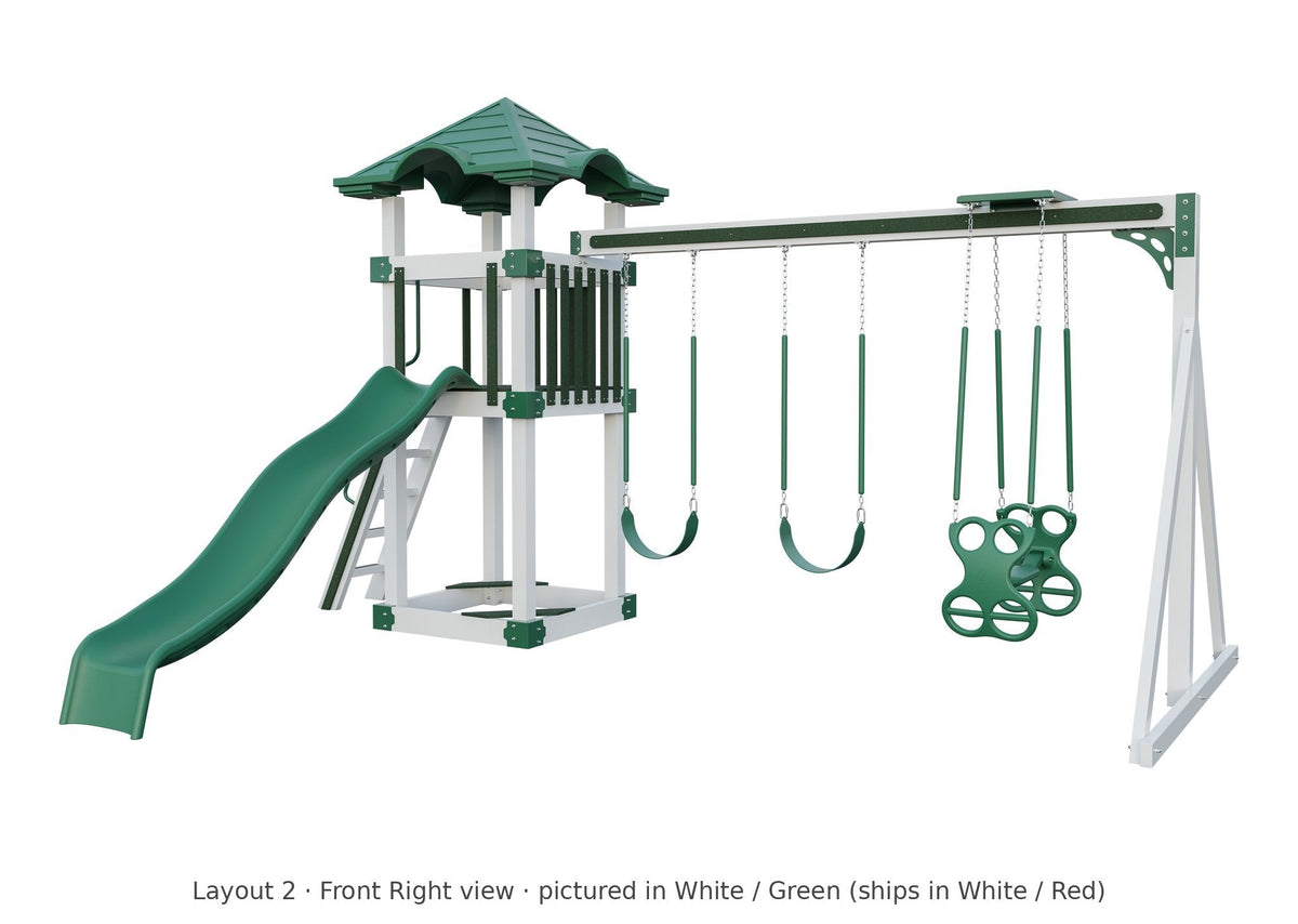 Amish 4x4 Boulder Vinyl Playset & Swing Set Kit – Layout 2, front right view (shown in White with Green accents)
