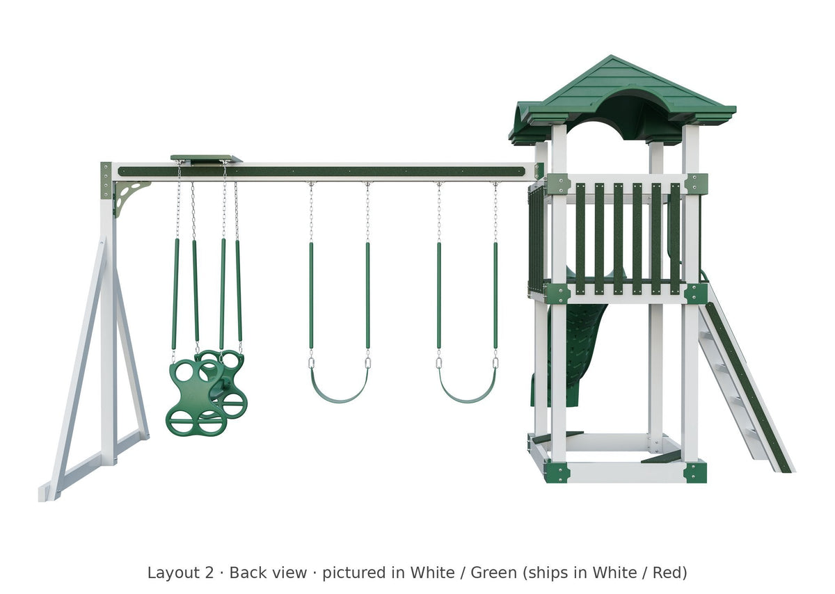 Amish 4x4 Boulder Vinyl Playset & Swing Set Kit – Layout 2, back view (shown in White with Green accents)