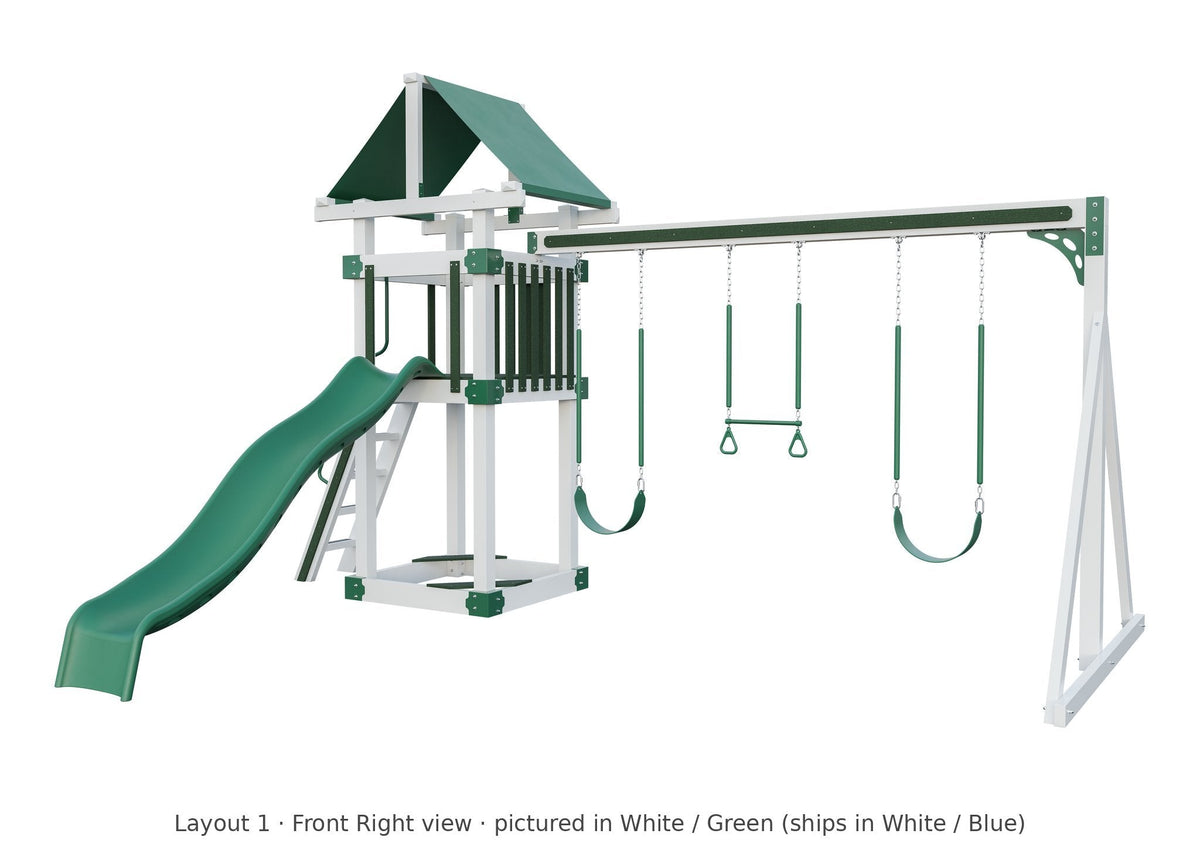 Amish 4x4 Boulder Vinyl Playset & Swing Set Kit – Layout 1, front right view (shown in White with Green accents)