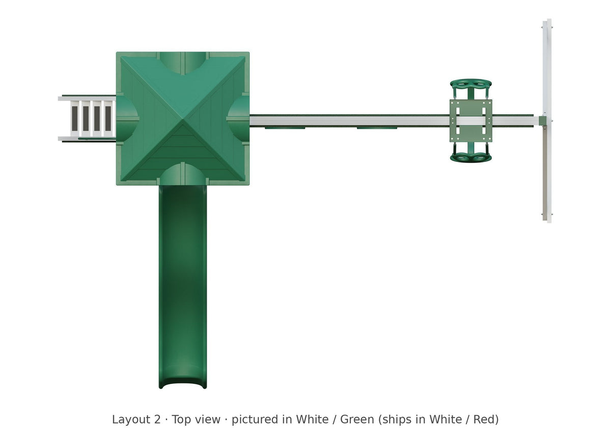Amish 4x4 Boulder Vinyl Playset & Swing Set Kit – Layout 2, top view (shown in White with Green accents)