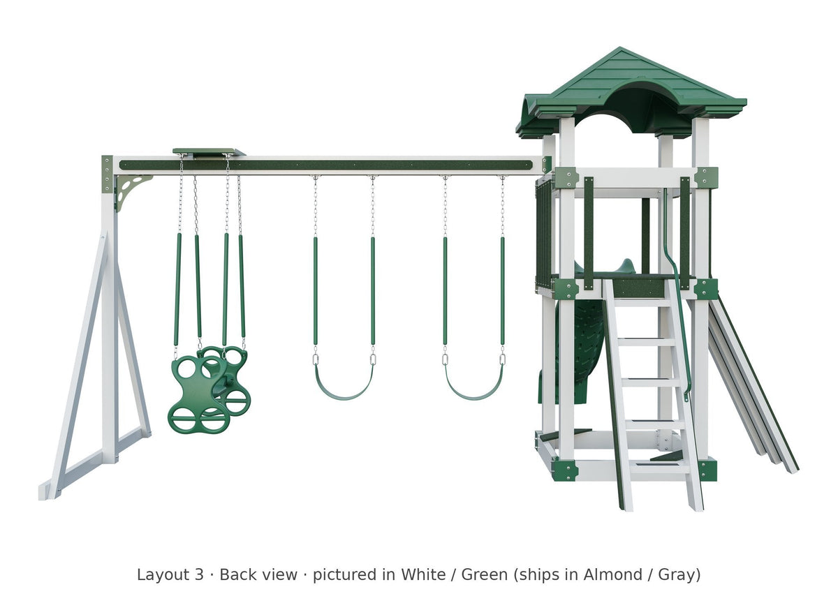 Amish 4x4 Boulder Vinyl Playset & Swing Set Kit – Layout 3, back view (shown in White with Green accents)