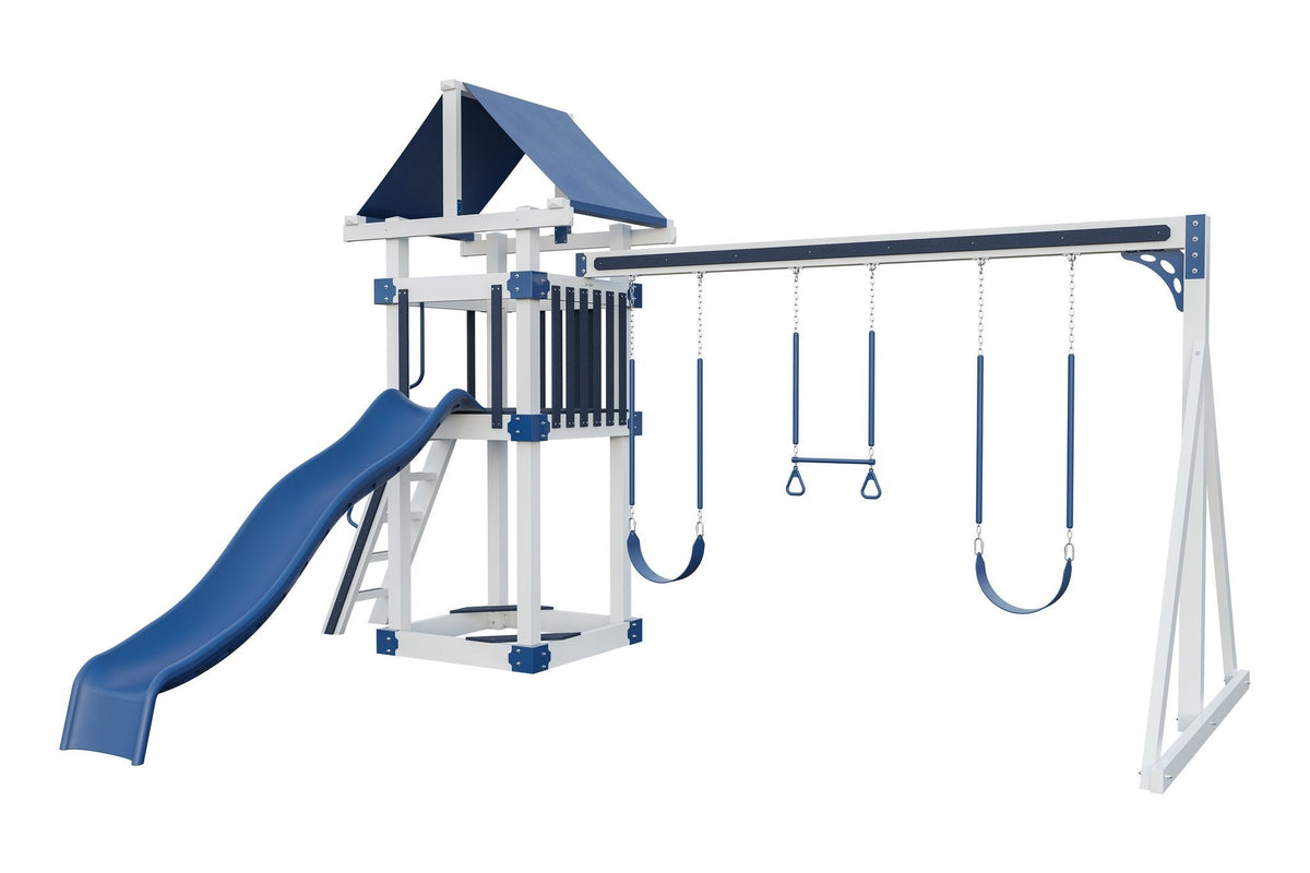 Amish 4x4 Boulder Vinyl Playset & Swing Set Kit – Layout 1, White with Blue accents