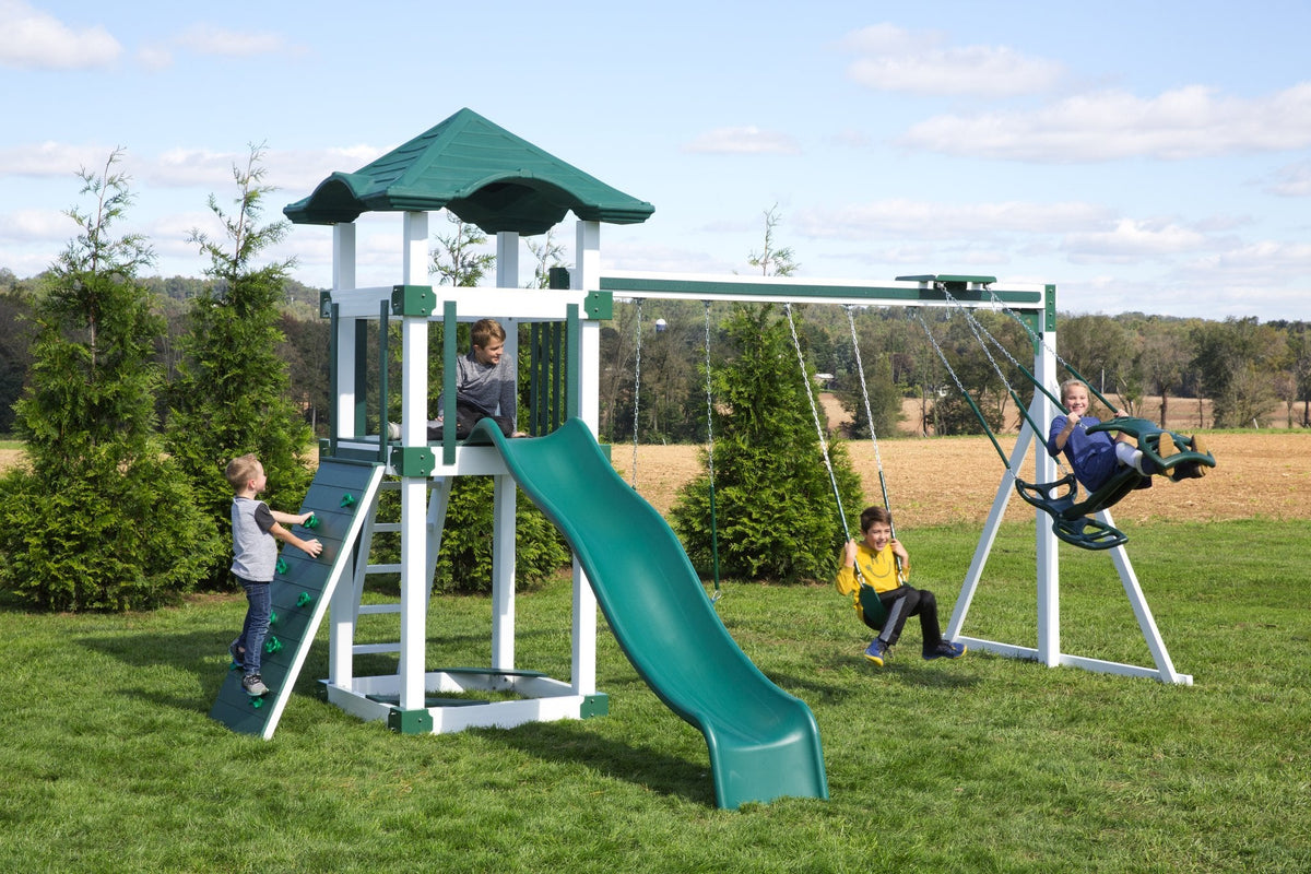 4x4 Boulder Vinyl Playset & Swing Set Kit – real-world photo (configuration and colors may differ from the layouts offered)