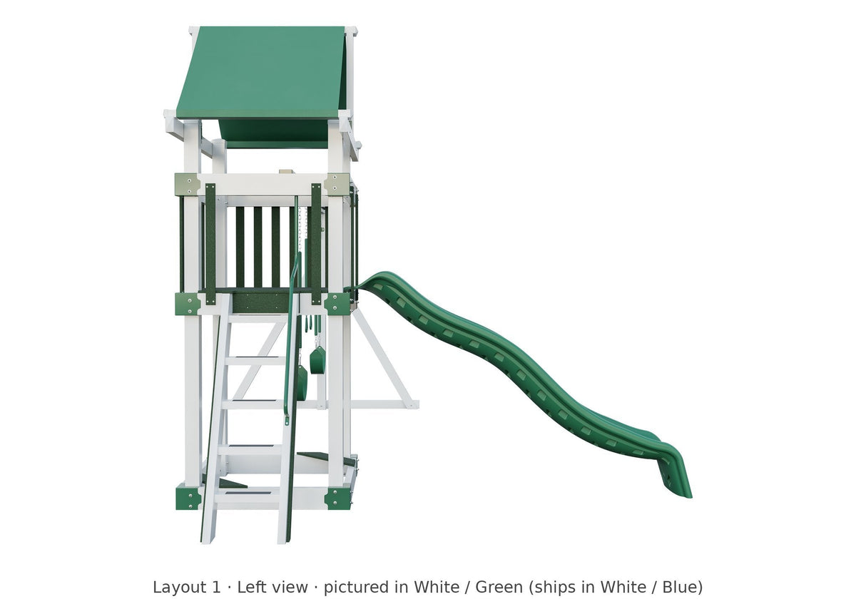 Amish 4x4 Boulder Vinyl Playset & Swing Set Kit – Layout 1, left view (shown in White with Green accents)