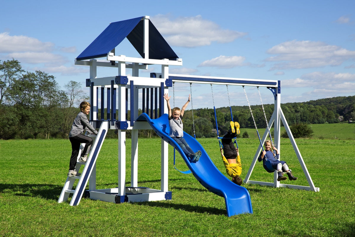 4x4 Boulder Vinyl Playset & Swing Set Kit – real-world photo (configuration and colors may differ from the layouts offered)