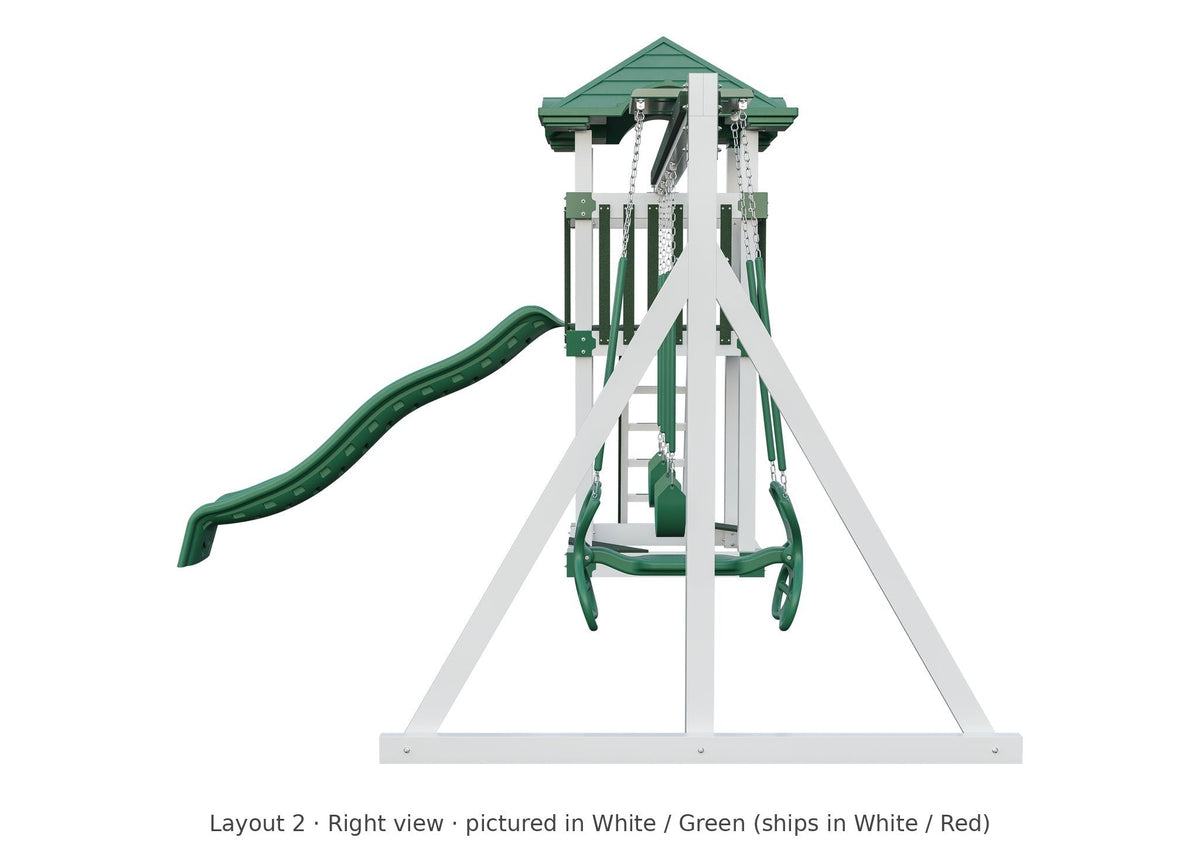 Amish 4x4 Boulder Vinyl Playset & Swing Set Kit – Layout 2, right view (shown in White with Green accents)