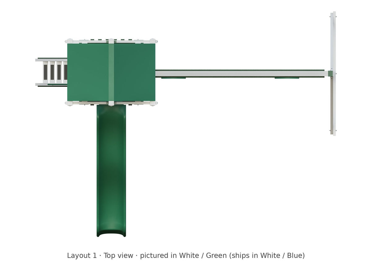 Amish 4x4 Boulder Vinyl Playset & Swing Set Kit – Layout 1, top view (shown in White with Green accents)
