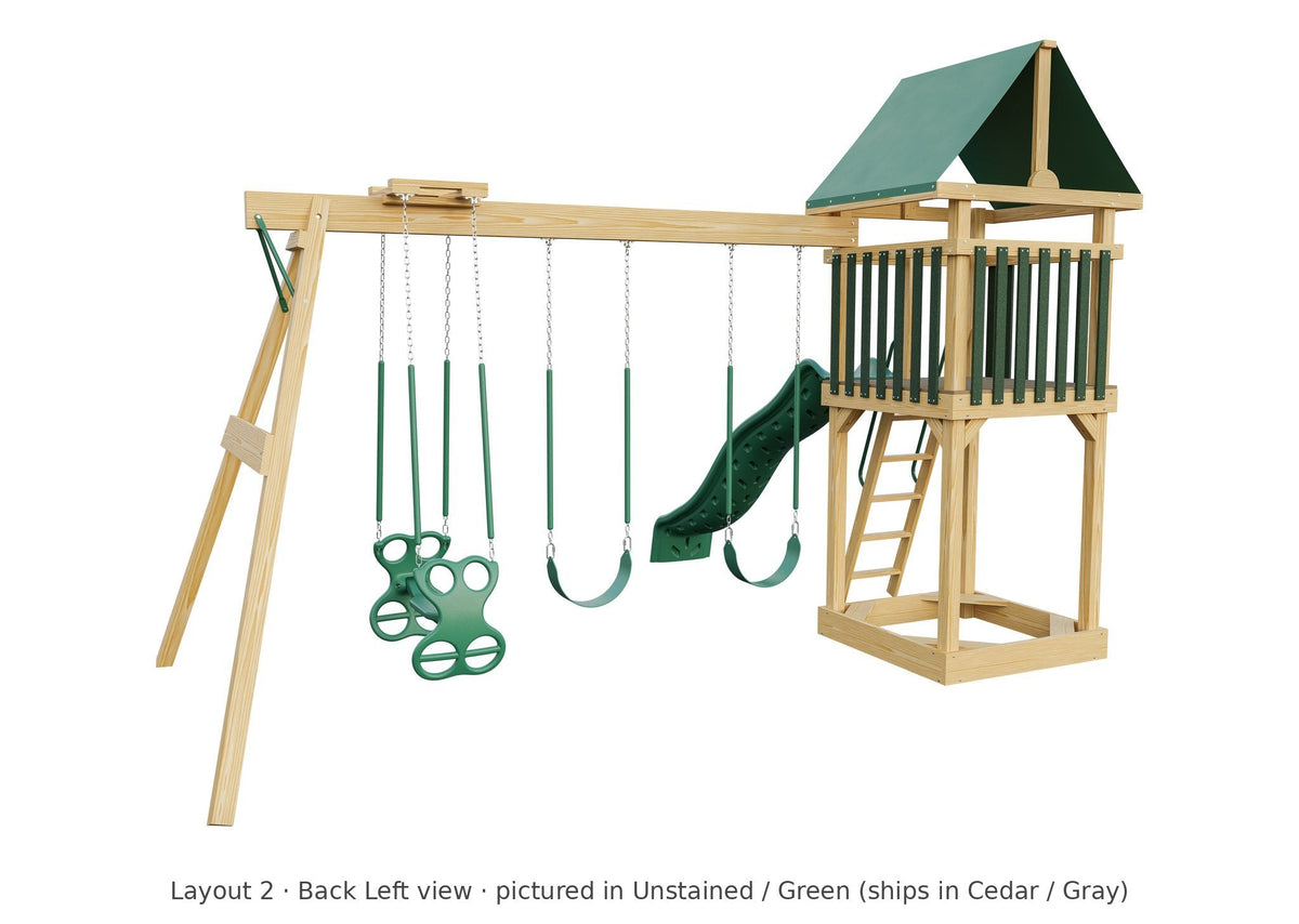 Amish 4x4 Challenger Wooden Swing Set & Playset Kit – Layout 2, back left view (shown in Unstained with Green accents)