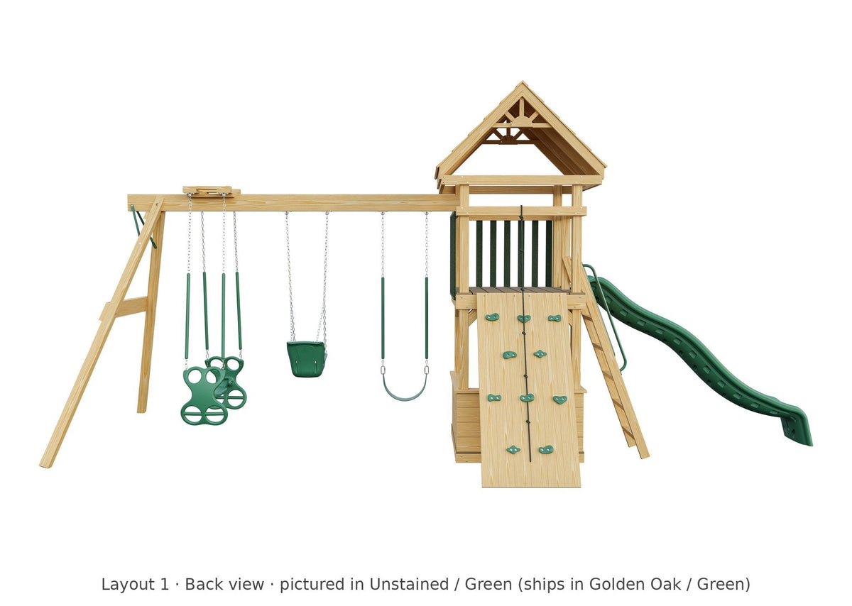 Amish 4x4 Challenger Wooden Swing Set & Playset Kit – Layout 1, back view (shown in Unstained with Green accents)