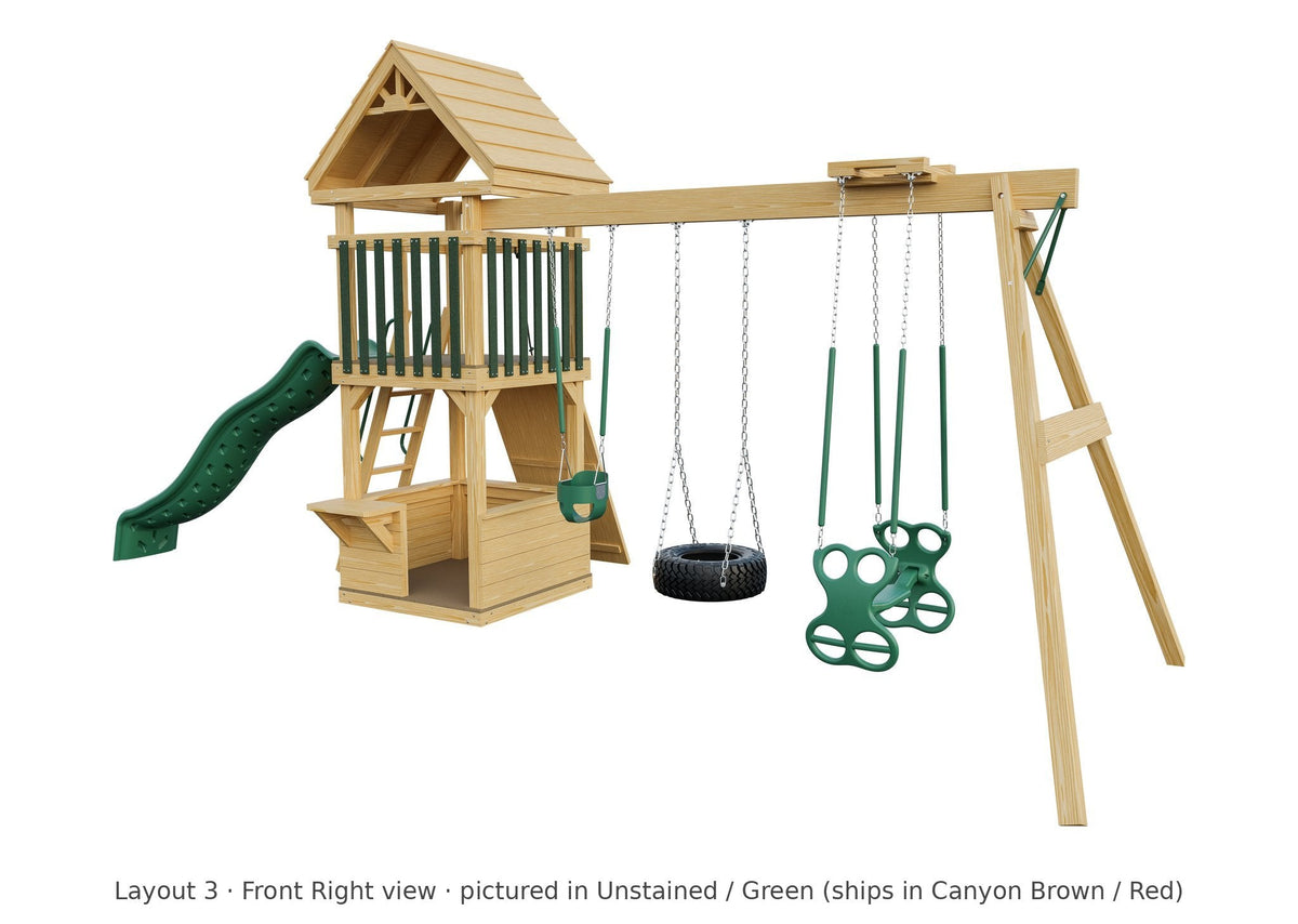 Amish 4x4 Challenger Wooden Swing Set & Playset Kit – Layout 3, front right view (shown in Unstained with Green accents)
