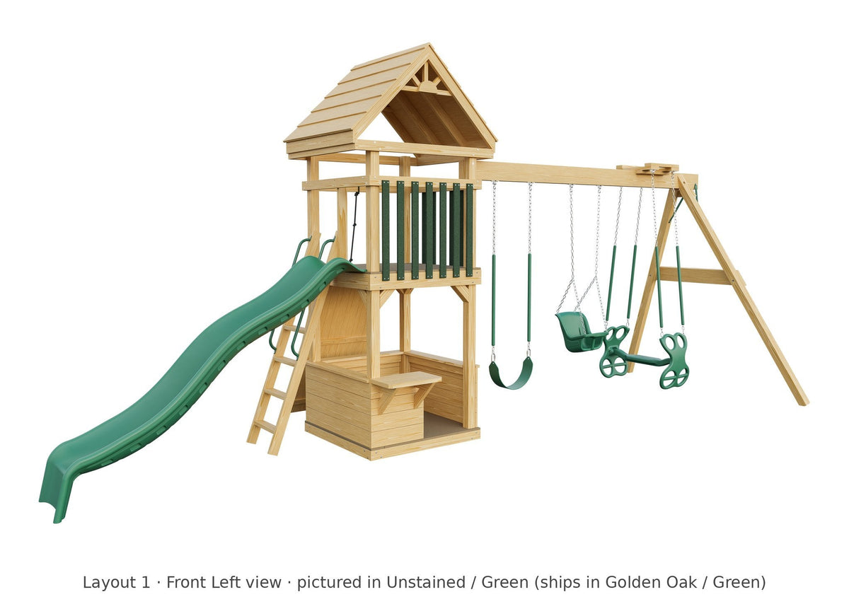 Amish 4x4 Challenger Wooden Swing Set & Playset Kit – Layout 1, front left view (shown in Unstained with Green accents)