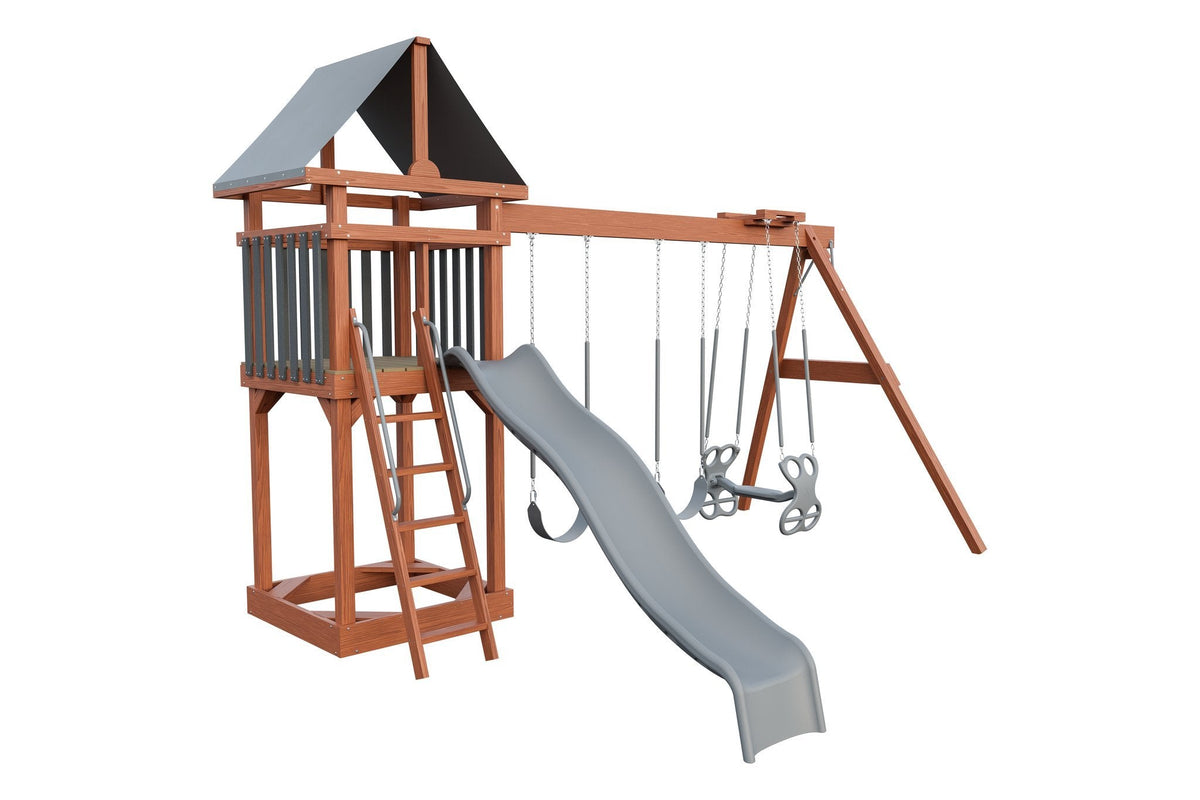 Amish 4x4 Challenger Wooden Swing Set & Playset Kit – Layout 2, Cedar with Gray accents