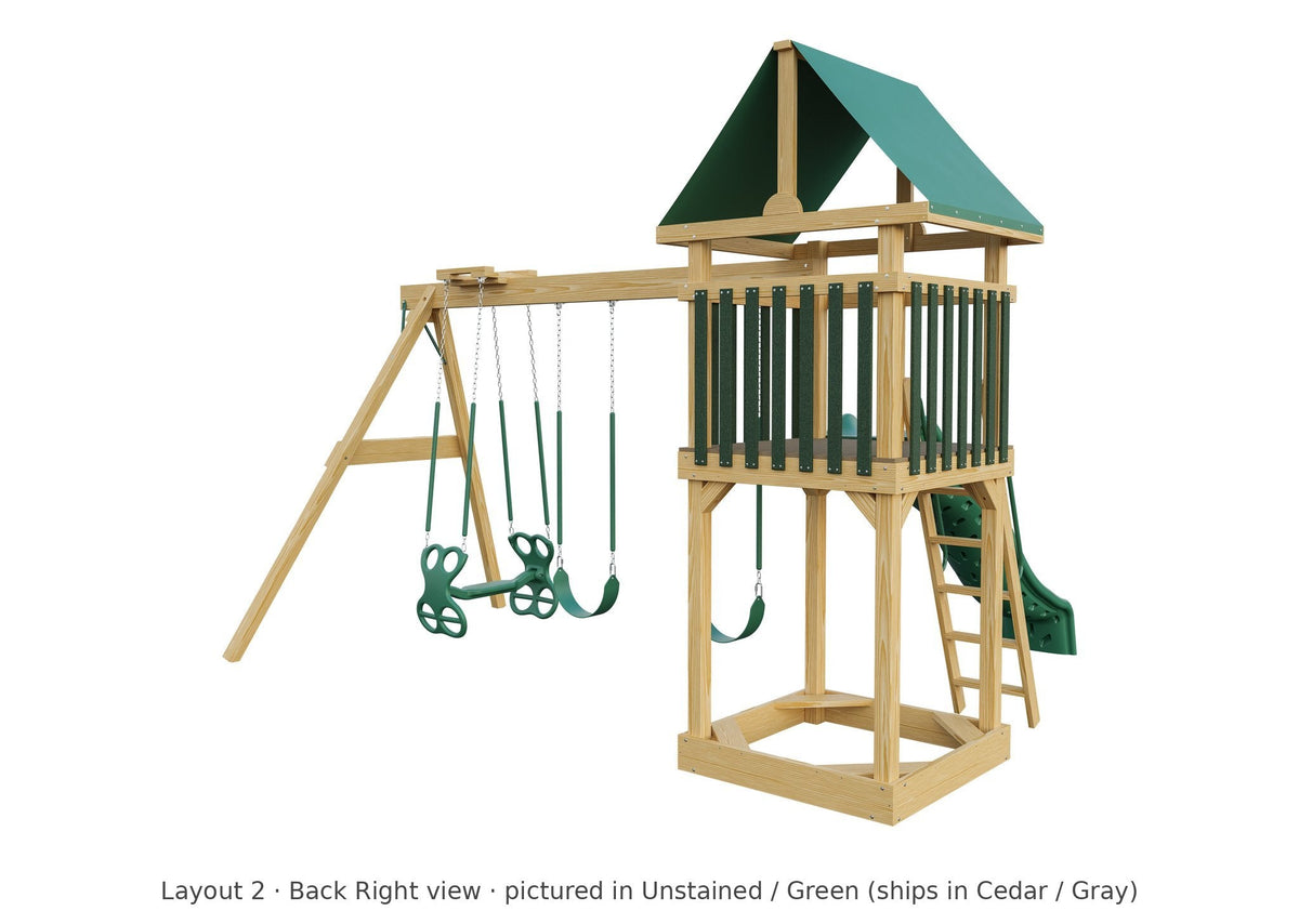 Amish 4x4 Challenger Wooden Swing Set & Playset Kit – Layout 2, back right view (shown in Unstained with Green accents)