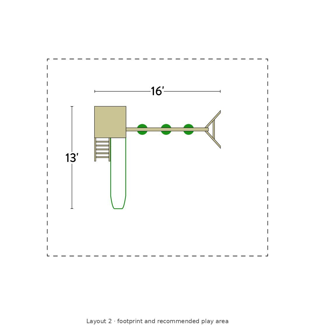 Amish 4x4 Challenger Wooden Swing Set & Playset Kit – Layout 2 footprint and recommended play area diagram