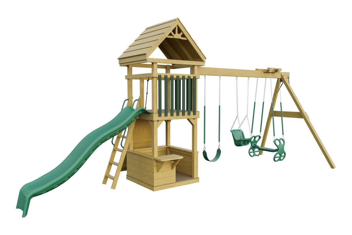 Amish 4x4 Challenger Wooden Swing Set & Playset Kit – Layout 1, Golden Oak with Green accents