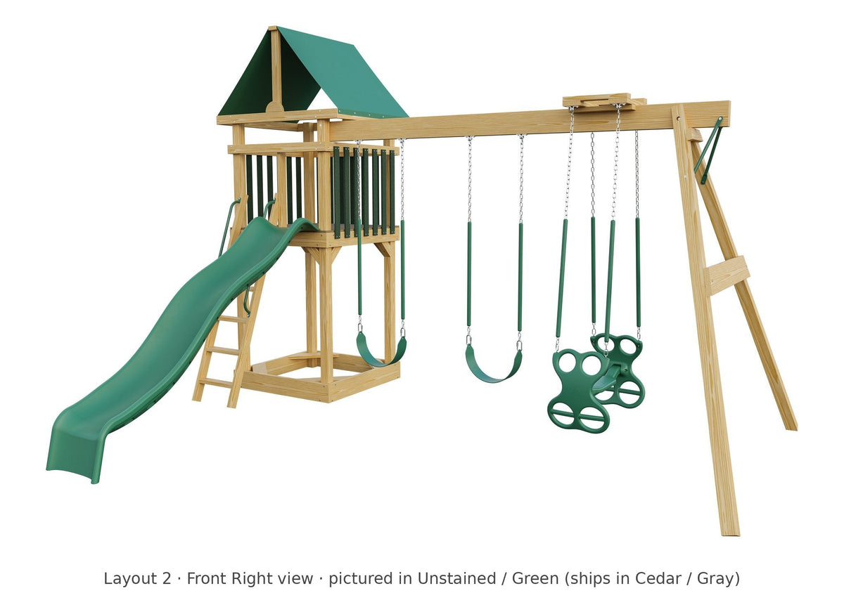 Amish 4x4 Challenger Wooden Swing Set & Playset Kit – Layout 2, front right view (shown in Unstained with Green accents)
