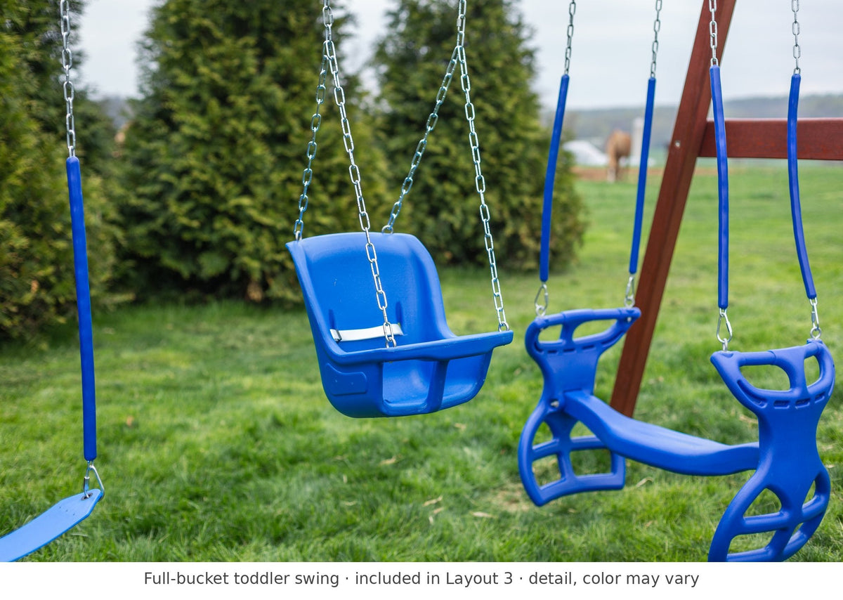Full-bucket toddler swing detail – included in Layout 3 of the 4x4 Challenger Wooden Swing Set & Playset Kit