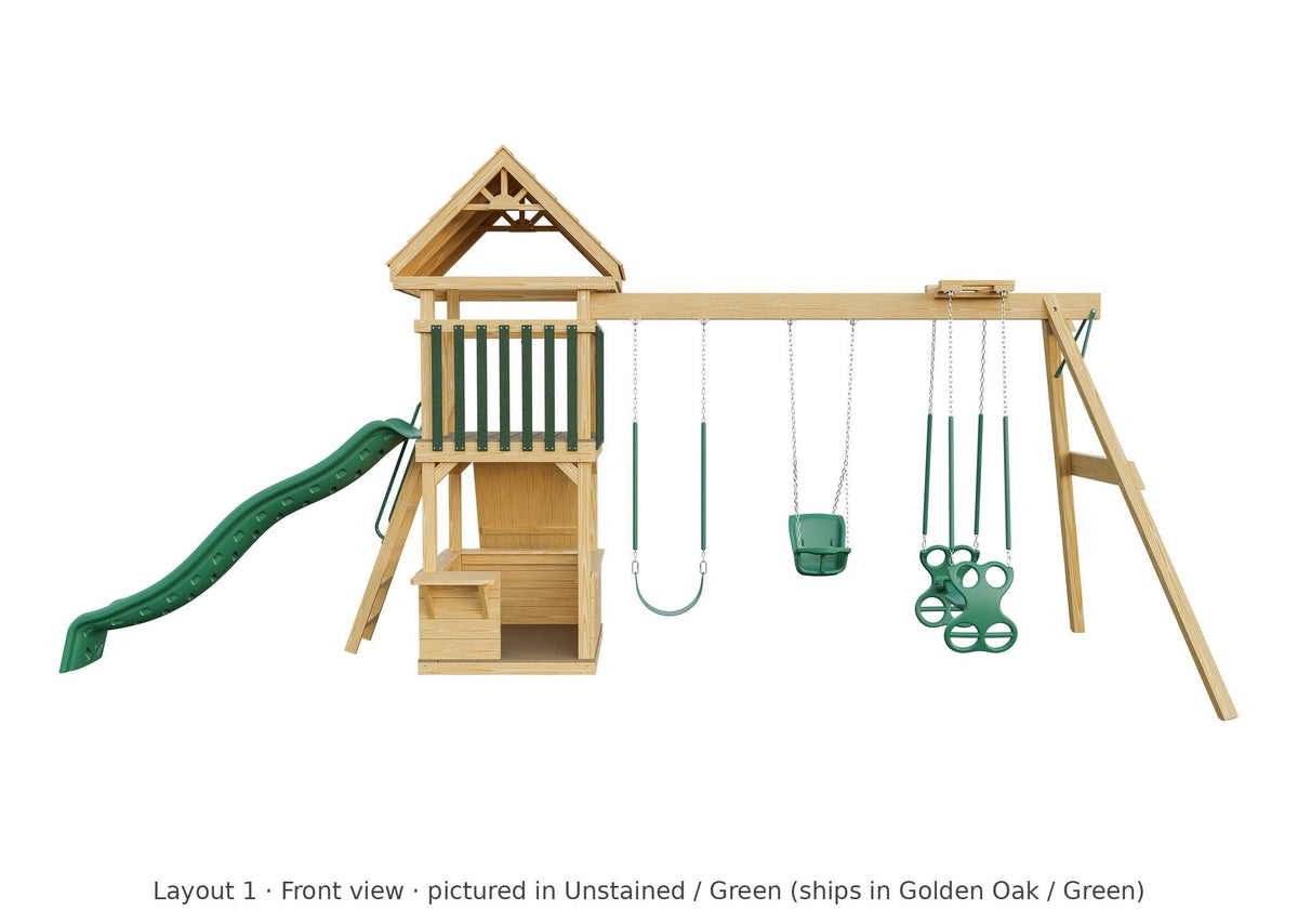 Amish 4x4 Challenger Wooden Swing Set & Playset Kit – Layout 1, front view (shown in Unstained with Green accents)
