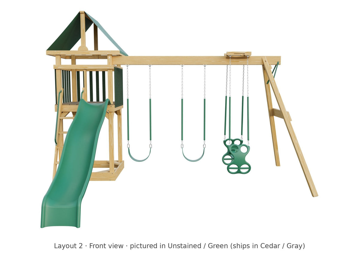 Amish 4x4 Challenger Wooden Swing Set & Playset Kit – Layout 2, front view (shown in Unstained with Green accents)