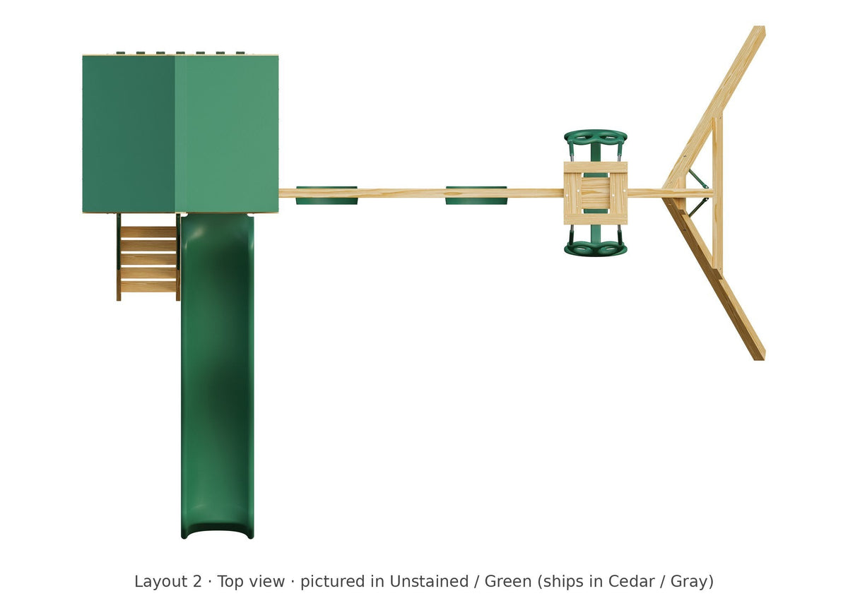 Amish 4x4 Challenger Wooden Swing Set & Playset Kit – Layout 2, top view (shown in Unstained with Green accents)