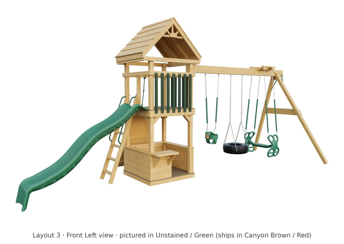 Amish 4x4 Challenger Wooden Swing Set & Playset Kit – Layout 3, front left view (shown in Unstained with Green accents)