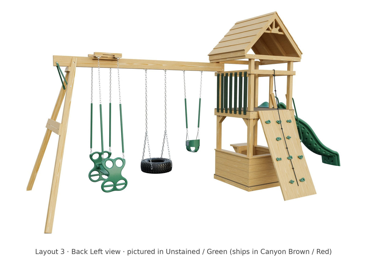 Amish 4x4 Challenger Wooden Swing Set & Playset Kit – Layout 3, back left view (shown in Unstained with Green accents)